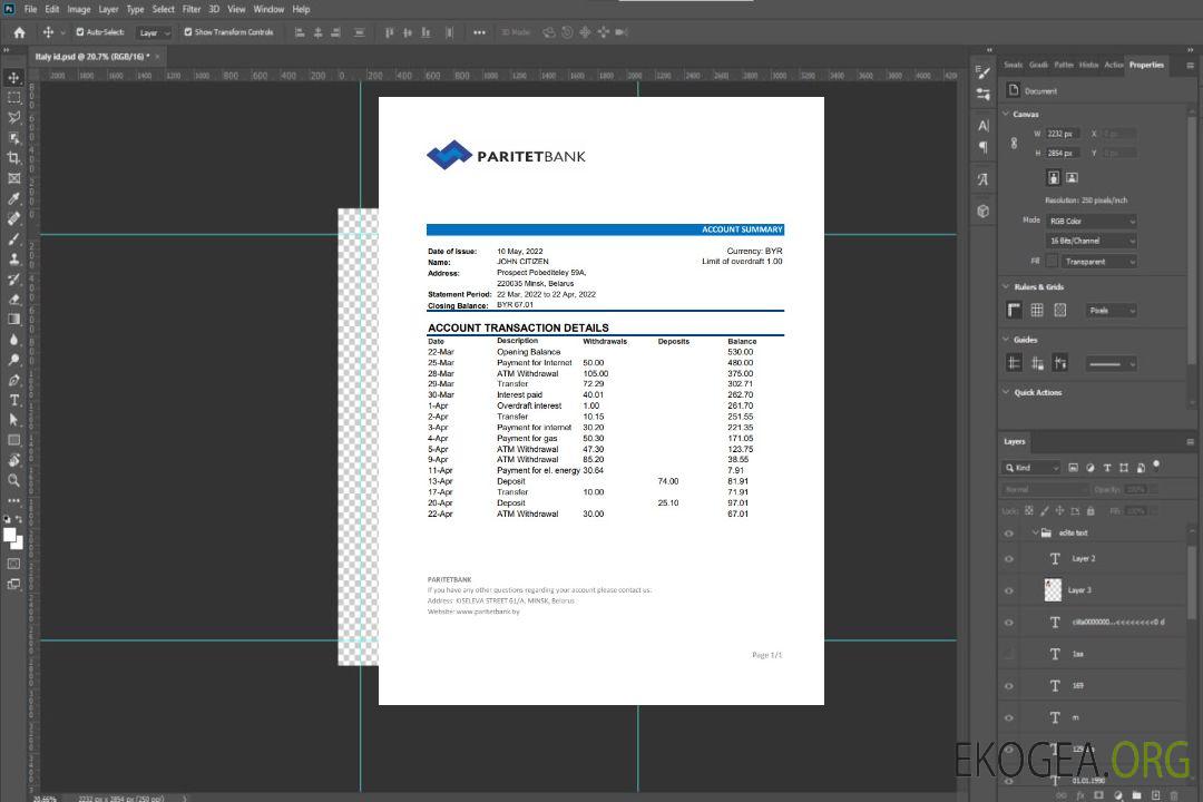 Biélorussie Relevé de la Paritet Bank xls template